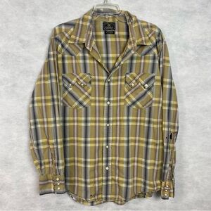 VTG Lucky Brand Dungarees Shirt Men XL Multicolor Plaid Pearl Snap Western Flaw